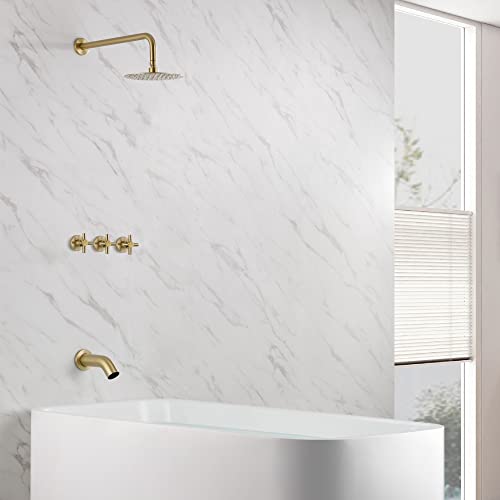 Sumerain 3 Handle Tub Shower Faucet Set With Waterfall Tub Spout And 3-Cross Handles, Wall Mounted Rainfall Bathtub Shower Faucet Brushed Gold #TOP1