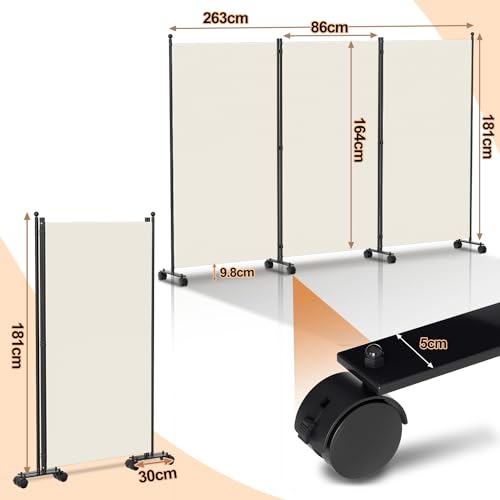 Miniatura 2 de Hebitod Biombo Biombo Con Ruedas, 3 Piezas, 263 X 181 Cm, Separador De Ambientes, Opaco, Para Interior, Para Casa, Oficina, Terraza, Color Beige