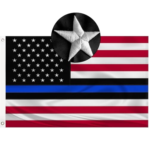 Embroidered Thin Blue Line Police Flag 3x5 Outdoor Lives Matter Law Enforcement Banner Polyester Fiber Back the Blue Flag Bright Color with Durable Canvas Header and 2 Brass Grommets by METDIRU - Used condition - US$18.21