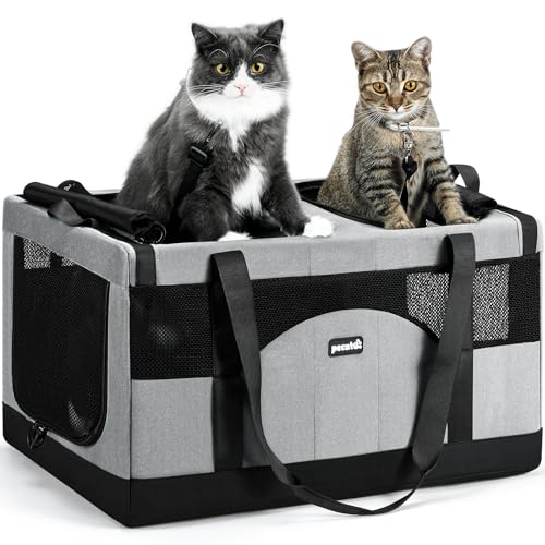 Pecute Cat Carrier for 2 Cats Build-in Steel Frame and Removable Divider,Large Pet Car Carrier for Travel,Foldable,Soft Double Cat Crate Breathable Mesh Fabric,Suitable for Dog Crate,Vet,Gray