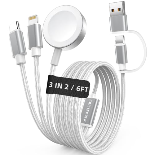 Travel Essentials,3 in 2 USB C Cable for Apple Watch Charger,iPhone Charger,Multi Charging Cable,Cruise Vacation Camping Portable for iWatch Series 11-2/Ultra/SE &amp; iPhone 17-12,Car,White-6FT