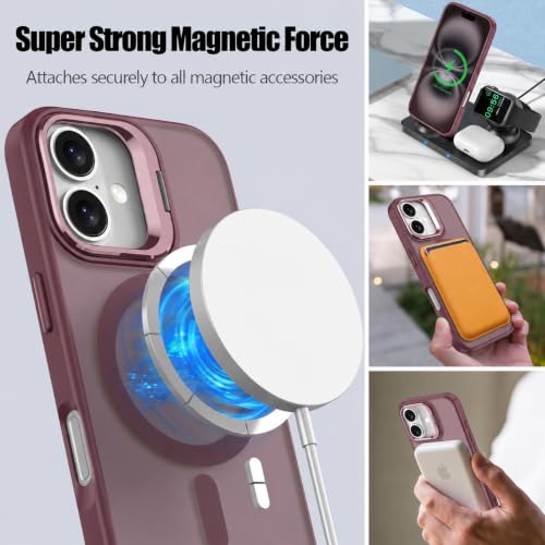 Image of Elzzi Kickstand Case for iPhone 16 Case Compatible with MagSafe, Built-in Adjustable Camera Guard Stand, Translucent Matte Anti-Fingerprint Heavy Duty Shockproof Phone Cover - Cherry