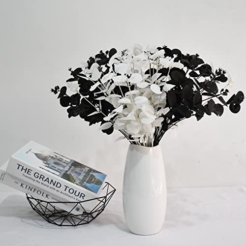 Wistart 4 Pack Artificial Eucalyptus Flowers Stems Faux Long Stem Silver Dollar Leaves Fake Plants Flower Bouquet For Wedding Garland Christmas Party Home Craft Decor(White And Black) #TOP3