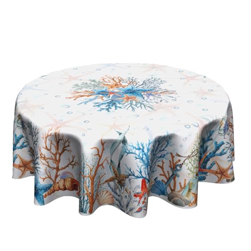 Giwawa Coral Starfishes Round Tablecloth 60 Inch, Nautical Ocean Coastal Animal Undersea Beach Marine Colorful Washable Table Cover for Home Kitchen Dining Party Indoor and Outdoor Decor