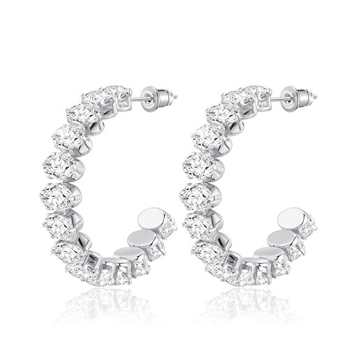 Linawe Silver Half Hoop Earrings for Women, White Gold Chunky Huggie Earrings, Birthstone Rhinestone Imitation Diamond Crystal Earrings, Hypoallergenic Stainless Steel Large Hoops by Linawe - Used condition - US$12.38