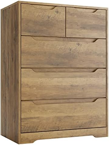HOSTACK Modern 5 Drawer Dresser, Chest of Drawers with Storage, Wood Clothing Organizer with Cut-Out Handles, Accent Storage Cabinet for Living Room, Bedroom, Hallway, Rustic Brown