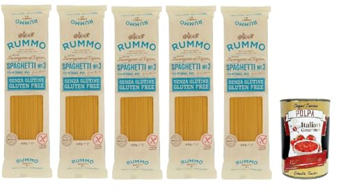 Rummo Pasta Fideos sin gluten, espaguetis dibujados en bronce, sin gluten, perfecto para personas con enfermedad celíaca o intolerancia al gluten, 5 x 400 g + Polpa italiana Gourmet 400 g