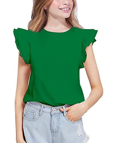 Kilymosy Girls White Shirt Short Sleeve Summer Casual Flutter Tops Tee Blouse 5-14 Years, Green, 5-6 Years