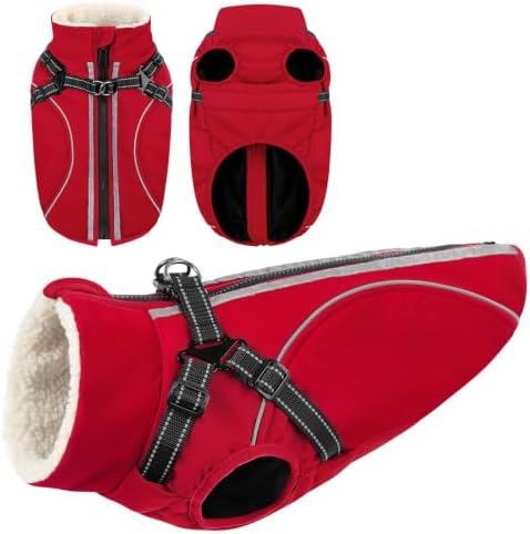 CITÉTOILE Wasserdichter Winter Hundemantel mit Geschirr Fleece Rot XL | Warme Hundejacke mit Reißverschluss, Wintermantel mit Reflektorstreifen für kleine Mittel Große Hunde, mit B