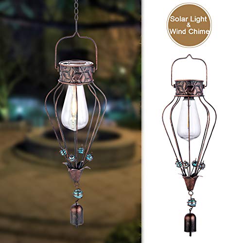 Hanging Solar Lantern Lights Outdoor Decorative for Garden Yard Patio Porch. Garden Decor Solar Powered, with Wind Chime & Filament Bulb