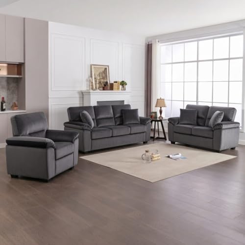 Image of Anderson 6 Seater Fabric Sofa Set (3+2+1) Dark Grey, Premium Velvet Finish Upholstery, Solid Wood Frame, High Density Foam Cushions, Modern Living Room Furniture, Comfortable Sofa for Home