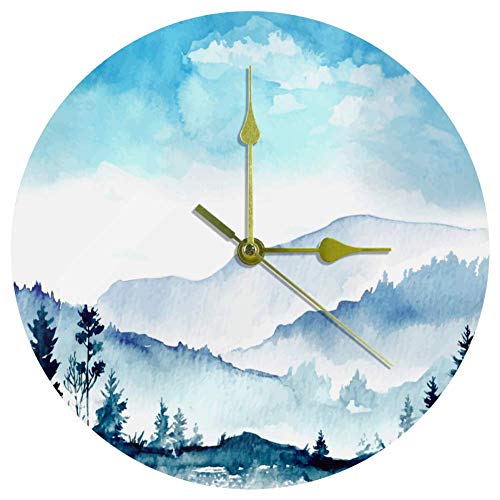 EZIOLY Reloj de pared acrílico de montaña de acuarela de 10 pulgadas, silencioso, sin tictac, funciona con pilas, redondo, reloj de pared decorativo para el hogar, oficina, escuela