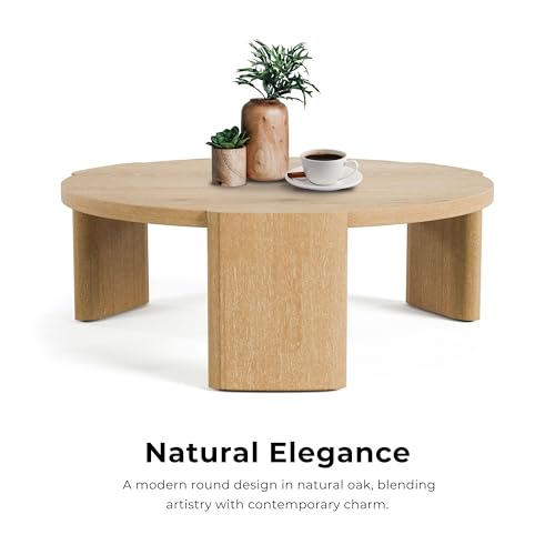 Furniture of America Carys Modern Solid Wood 42-inch Round Coffee Table with Plinth Base, Living Room Furniture for Small Space, Home Office, Oak - Thumbnail 5