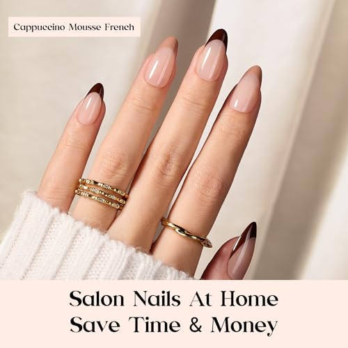 Image of Beetles French Tip Press On Nails - Cappuccino Mousse French | 7 Colors Medium Almond Press On Nails Brown | 16 Sizes 224 Pcs Natural Salon Quality For Women