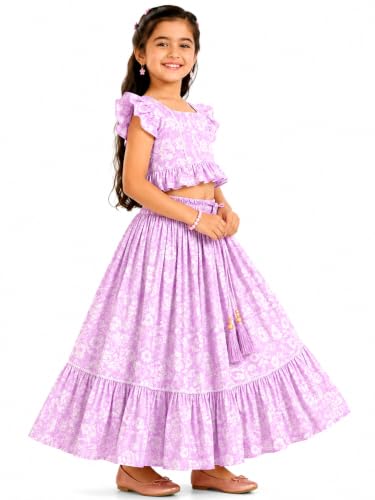 Image of GORLYA Girl's Rayon Printed Traditional Lehenga with Puff Sleeve Designer Choli Set