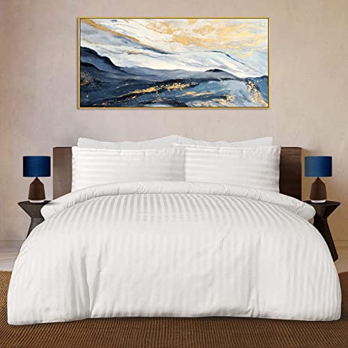 AR Ware Superking duvet cover set with 2 Pillowcases - 100% Cotton Satin Stripe 300 TC - Breathable - Striped Pattern Quilt covers Bedding Sets (White)