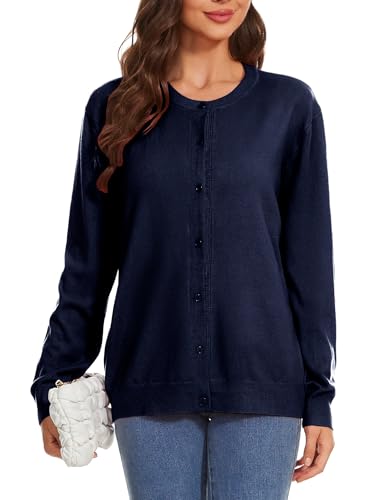 Image of Womens Cardigan Sweaters Basic Button Down Casual Dressy Classic Crewneck Long Sleeve Spring Outfits (S-2XL)