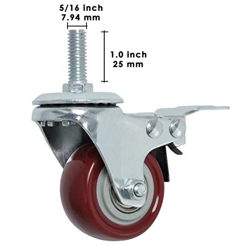 Finnhomy Swivel Caster Wheels 2 Inch Heavy Duty Threaded Stem Casters 5/16"- 18 X 1" With Brake Set Of 4 Premium Polyurethane Wheels Pu Load Bearing 800 Lbs Anti-Wear Smooth Casters, Red #TOP2