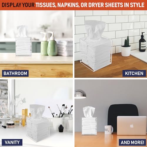 Acrylic Tissue Box Holder, Square Dispenser for Facial Tissues, Napkins, and Dryer Sheets. Perfect for Bathrooms, Desks, Countertops, Vanities, Bedrooms, and Nightstands (Square, Clear)