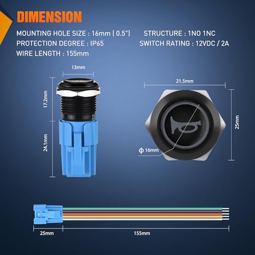 Image of Nilight 16mm 12V Momentary Horn Push Button Switch Blue LED Harness Kit | SPDT 1NO1NC metal switch with detachable tail plug socket, blue ring light, and 5A rating