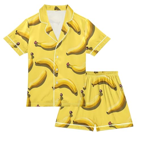 ALAZA Cute Banana Yellow Satin Pajamas Set Short Sleeve Button Down Sleepwear Summer Pjs 2 Piece