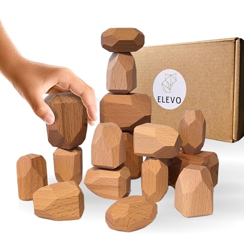 ELEVO Stapelsteine Holz (Natur) 16 Stück – Montessori Balance Steine...