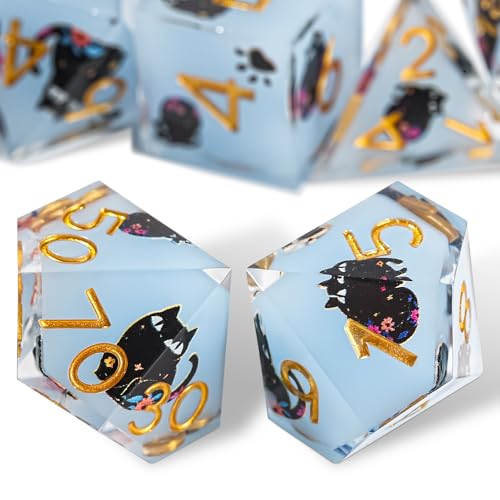 DND Dice Set 7Pcs,Cute Cat&Flowers Style Polyhedron Resin Dice for D&D RPG