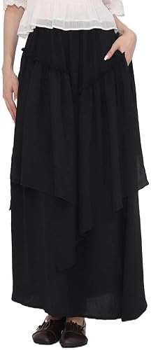 Cdecgo Women Layered Maxi Skirt Flowy Boho Long Asymmetry Hem Elastic High Waist