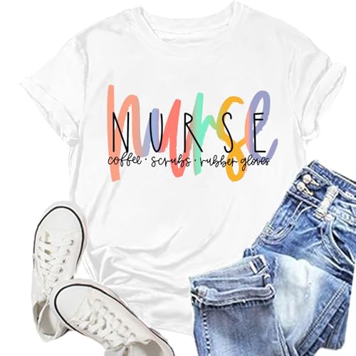 NEWKA Nurse Shirt for Women Coffee Scrubs Rubber Gloves T-Shirts Nurses Week Tee Top