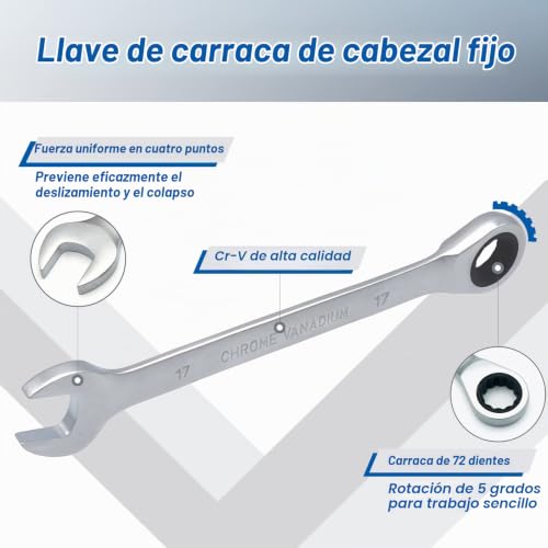 Miniatura 2 de Dakcos Llave Combinada De Carraca 17mm Llave Fija Con Trinquete En Cr-V Con Acabado Cromado Mate