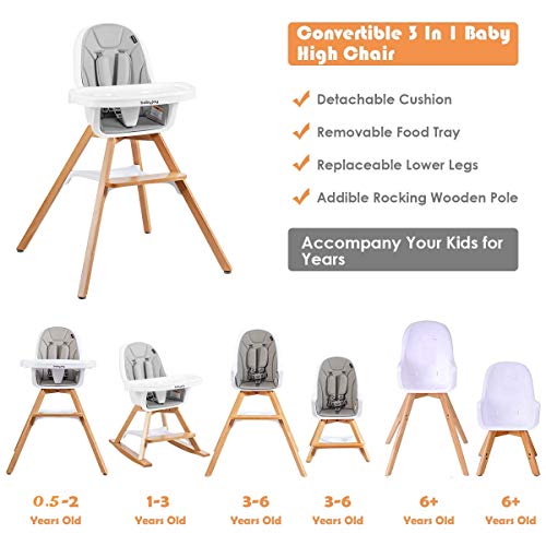 Baby Joy 3 In 1 High Chair, Baby Eat & Grow Convertible Wooden High Chair/Rocking Chair/Booster Seat/Toddler Chair, Infant Dining Chairs W/Double Removable Tray, 5-Point Seat Belt & Pu Cushion, Gray #TOP1