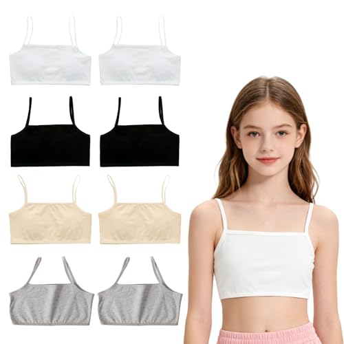 Image of JiaYouLC 8 Pack Girls Crop Tops Soft Cotton Sports Bras for Kids Teenage 8-12 Non Padded Training Bras (UK, Age, One Size, Regular, 4Color*2)