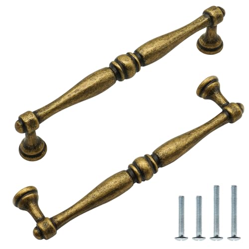 FURFITT 10 Pack Antique Brass Cabinet Pulls 5 Inch/128mm Hole Center Zinc Alloy Vintage Drawer Dresser Handles Retro Kitchen Cupboard Bathroom Furniture Hardware