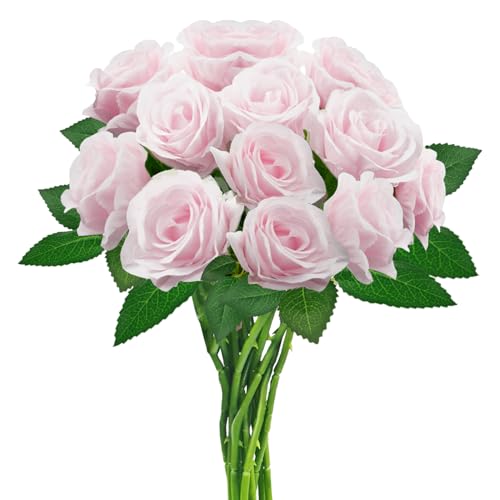 hailanbao Pink Artificial Roses with Long Stems, 12Pcs Realistic Roses Artificial Flowers, Faux Roses | Bulk Fake Flowers for Home Decor, Wedding Party Table Centerpieces, DIY Bouquet