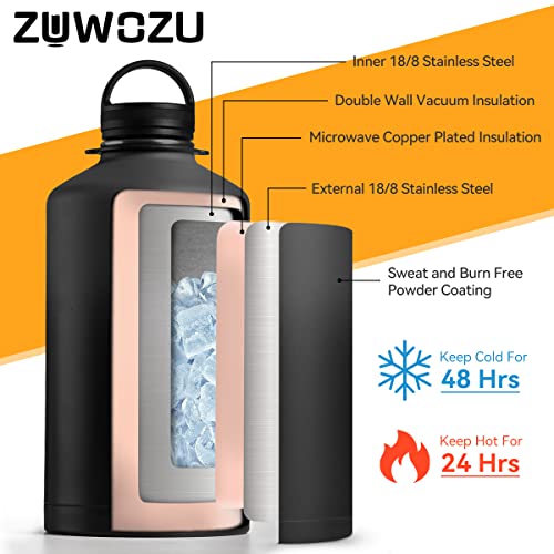 Zuwozu 1 Gallon Water Bottle Insulated,128Oz Large Stainless Steel Water Bottles With Straw, Strap&3 Lids,Gallon Water Jug For Gym,Hiking(Black) #TOP1