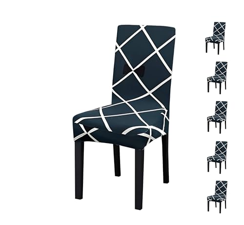 Image of Dining Chair Covers Set of 6, Stretchable Removable Washable Anti-Slip Universal Fit Printed Polyester Spandex Slipcovers (Blue Square)