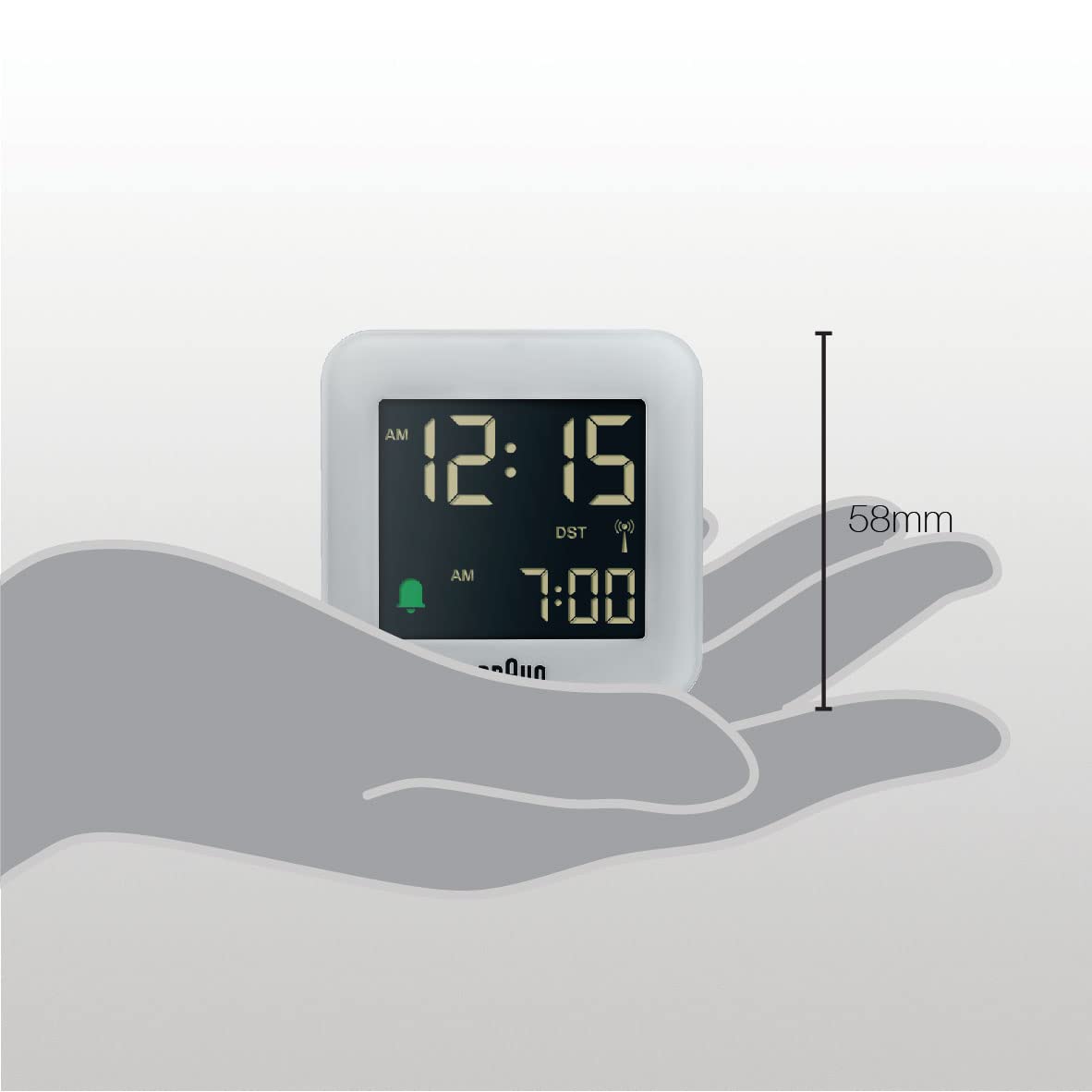 Braun Réveil de Voyage avec Projection numérique Radio-pilotée pour Les fuseaux horaires d'europe Centrale (DCF) avec Fonction Snooze, Taille compacte, bip d'alarme Crescendo, modèle BC08G-DCF Gris.