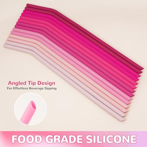NiHome 14PCS Bent Silicone Straws Fit for Stanley 40oz 30oz Tumbler, 14” Extra Long Reusable Drinking Straw, Flexible Can Cut Length for 1/Half Gallon 75 64 OZ Large Water Bottle, 2 Brushes (Pink) by NiHome - Image 2