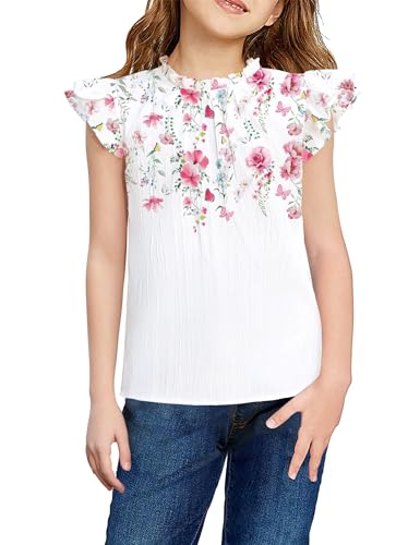 Image of Arshiner Girls Ruffle Short Sleeve Shirts Cute Summer Frill Neck Pleated Textured Blouse Tops