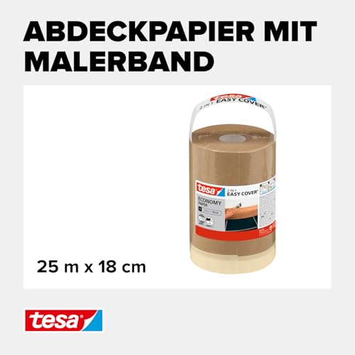 tesa Easy Cover UNIVERSAL Papier - 2in1 Malerabdeckpapier mit selbstklebendem Abdeckband für Malerarbeiten und Renovierungen - 25 m x 18 cm