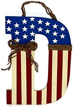 Patriotic American Flag Initial Letter Monogram Door Wreath Hanger Americana Primitive 4th of July Fourth Red white Blue Stars Stripes Prim
