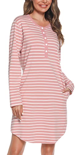 Vlazom Women's Nightgown Cotton Soft Nightshirt Stripes Long Sleeve Sleep Dress Sleepwear With Pockets W-Pink,M #TOP17