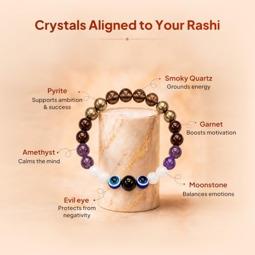 Image of Makar (Capricorn) Rashi Bracelet | Smoky Quartz, Pyrite, Garnet, Amethyst, Moonstone, Evil Eye | For resilience & Ambition | Strengthen Focus & Strategic Planning | For Men & Women