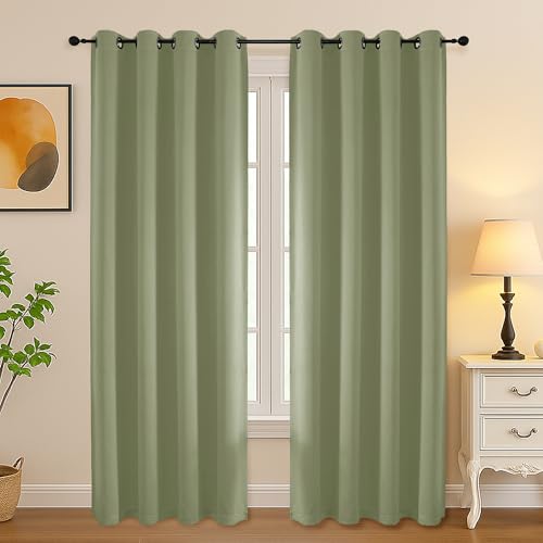 Image of Simplebrand Sage Green Curtains for Bedroom Living Room 72 Inches Long 2 Panels Set, Room Darkening Thermal Insulated Curtains & Drapes, Solid Grommet Noise Reducing Window Treatment, W50 x L72 Inch