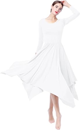 ZX Women Long Sleeve Praise Dance Dress Irregular Pleated Swing Skirt Latin Ballroom Dance Dress Lyrical Dancewear Tag L, White
