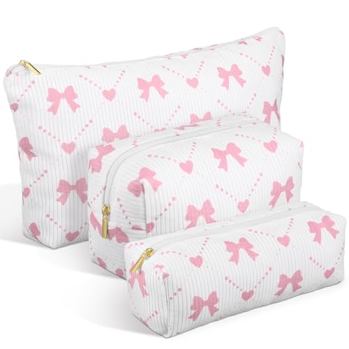 Xuniea 3 Pcs Back to School Corduroy Pencil Case Set Coquette Bow Preppy Pouch Aesthetic Stationery Organizer Cosmetic Bag Toiletry Bag for Students First Day of School Classroom Supplies(Pink)