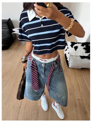 Image of RoseSeek Women's Preppy Striped Button Down Crop Tops Collar Neck T Shirt