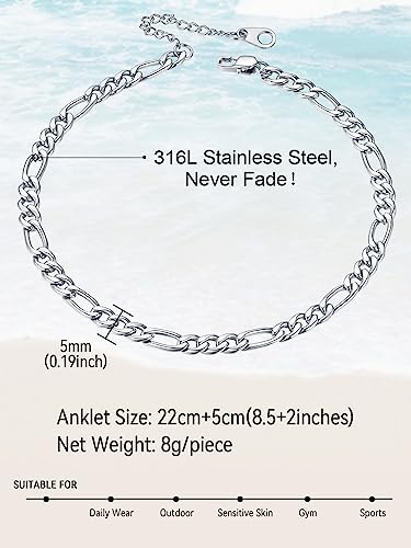 Image of FaithHeart Waterproof Ankle Bracelets for Women, 1 /2 /3Pcs Non Tarnish Stainless Steel Layered Anklet Set Paperclip Figaro Cuban Link Chain Dainty Summer Beach Jewelry Gift Adjustable Size