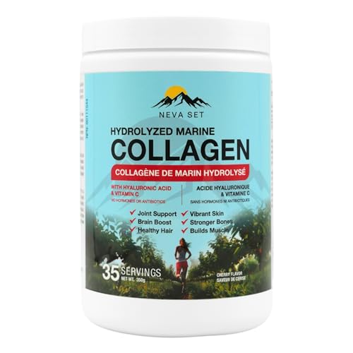 NevaSet Hydrolyzed Marine Collagen with Hyaluronic Acid & Vitamin C – Natural Cherry Flavor – 350g (70 Scoops) – Delicious Collagen Powder Easily Mixes in Any Drink for Joint, Skin, Hair, Nail & Bone Support