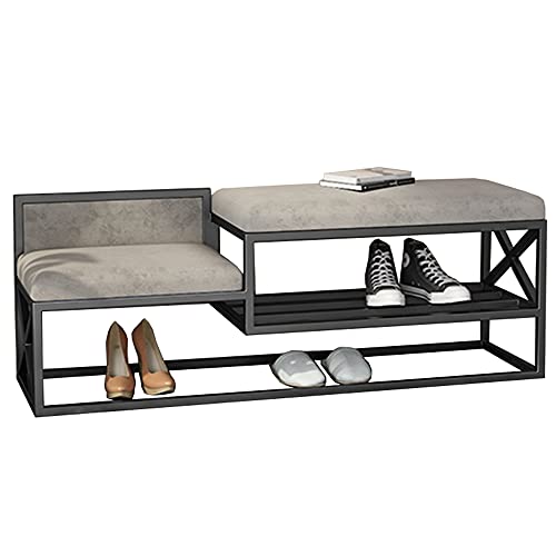 Banc à chaussures noir avec dossier, rangement 2 niveaux et plusieurs compartiments